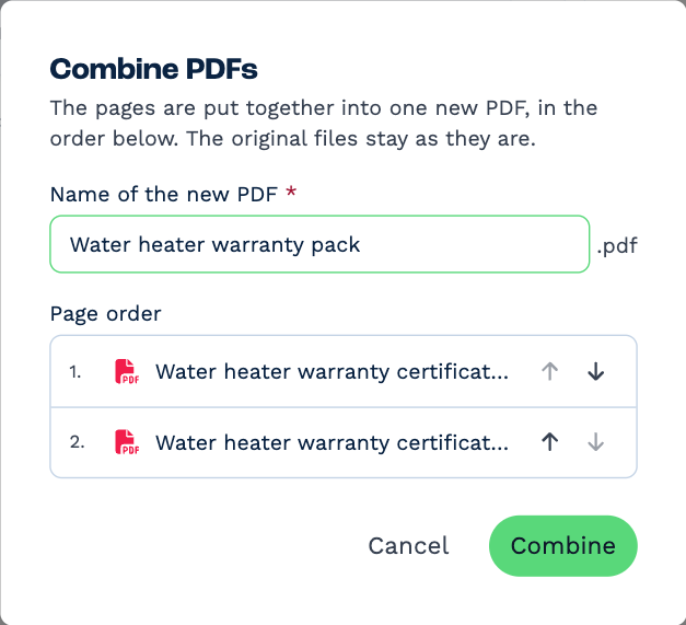 The Combine PDFs box: Name of the new PDF, the Page order with an up and down arrow beside each file, and Cancel and Combine