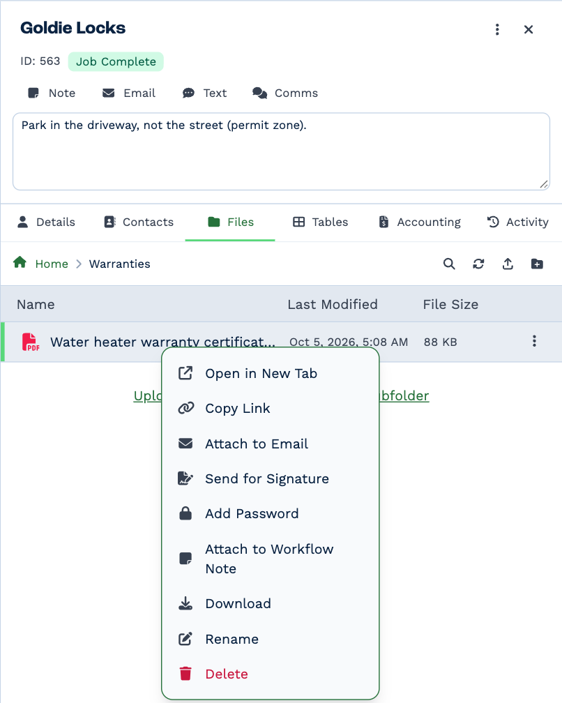 A PDF's menu: Open in New Tab, Copy Link, Attach to Email, Send for Signature, Add Password, Attach to Workflow Note, Download, Rename and Delete