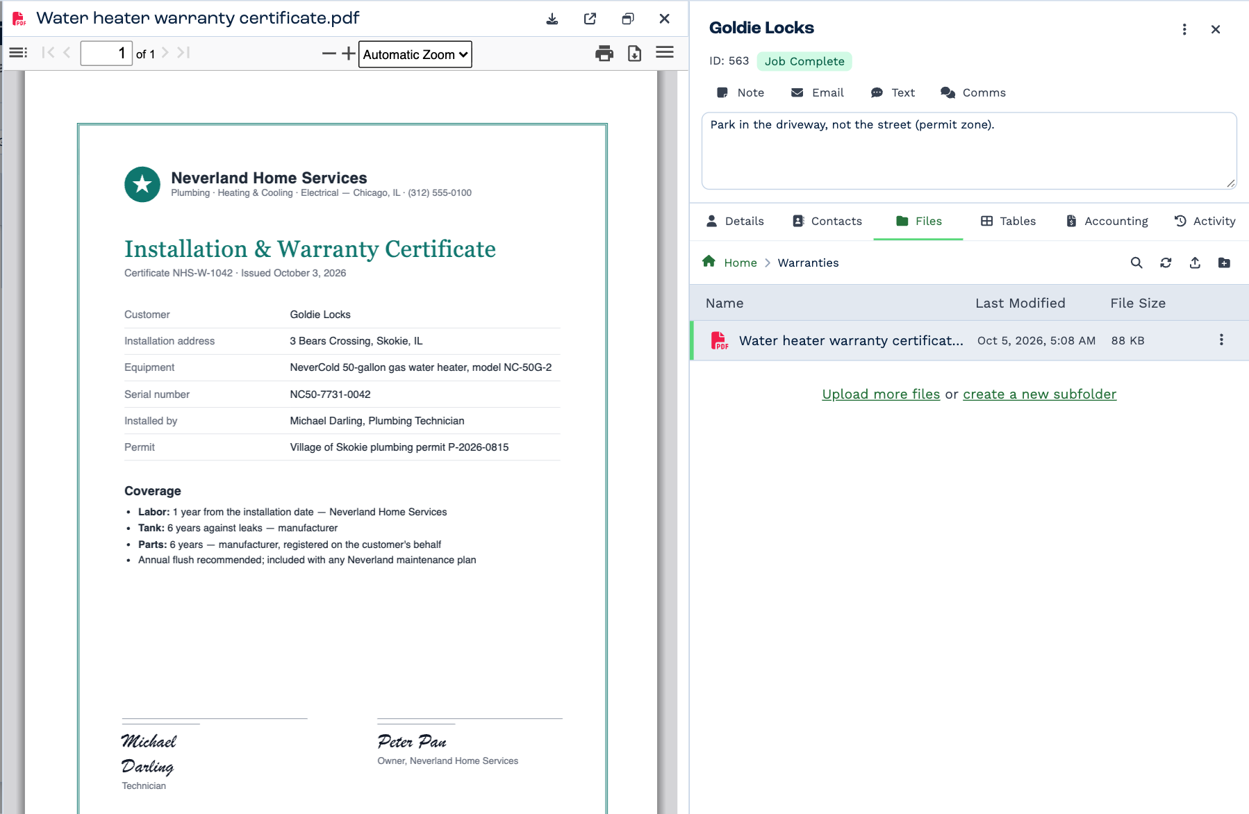 A PDF open beside the client's Files tab: an Installation & Warranty Certificate, with page and zoom controls and, at the top, buttons to download, open in a new tab, pop out and close