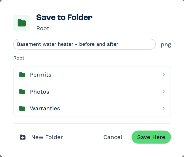 The Save to Folder box for a photo attached to an email: the file's name, the client's folders Permits, Photos and Warranties, and New Folder, Cancel and Save Here