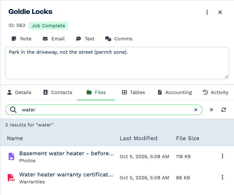 Searching for "water": 2 results, a photo in the Photos folder and a PDF in the Warranties folder, each showing the folder it is in