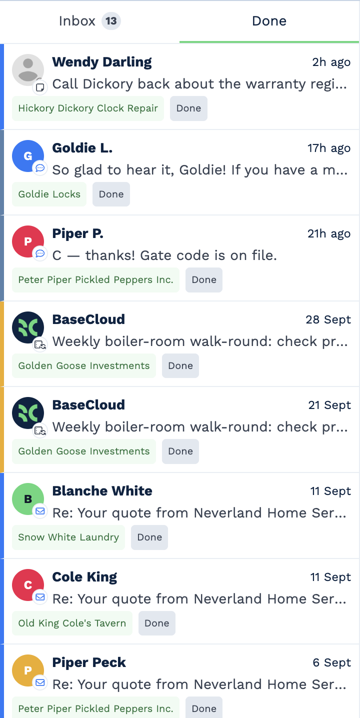 The Done tab of the Inbox. At the top, a note from Wendy Darling about Hickory Dickory Clock Repair marked Done, followed by finished text conversations, weekly repeat notes and emails, each with its client and a Done chip