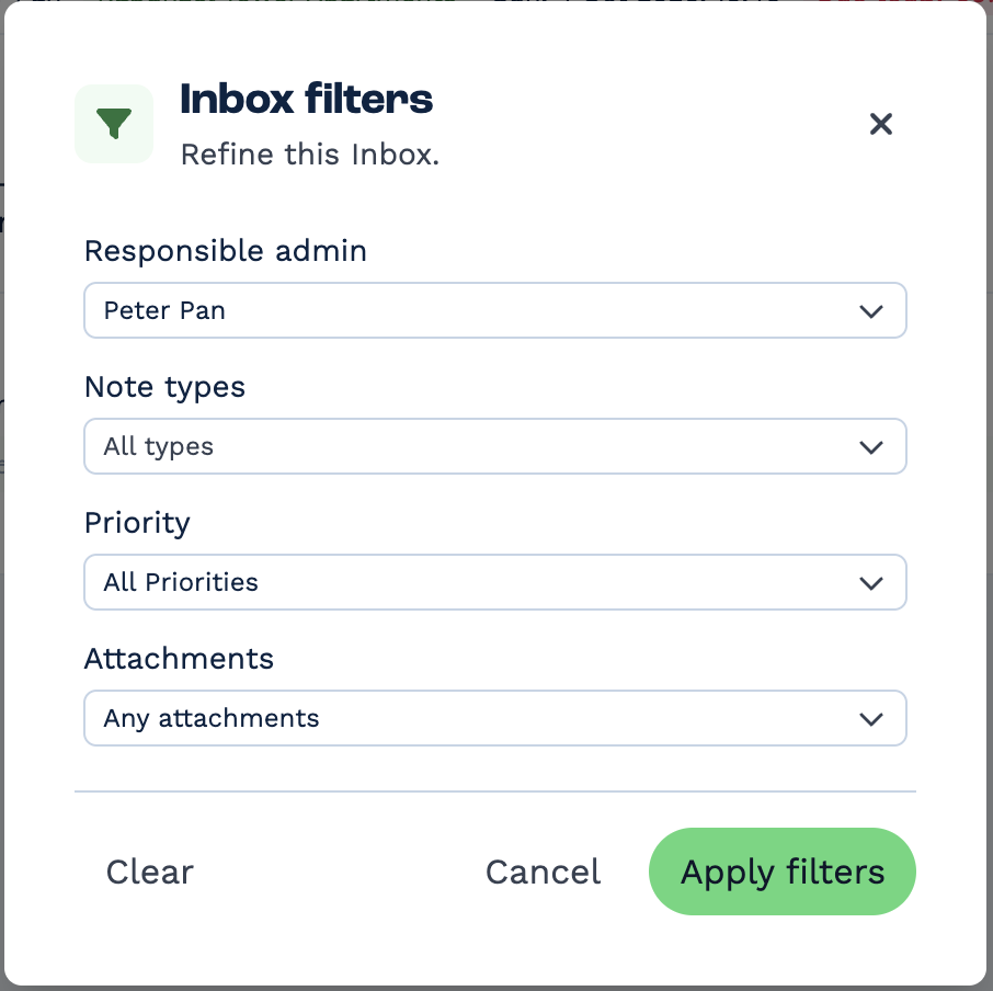The Inbox filters window with Responsible admin set to Peter Pan, Note types, Priority and Attachments, and the Clear, Cancel and Apply filters buttons