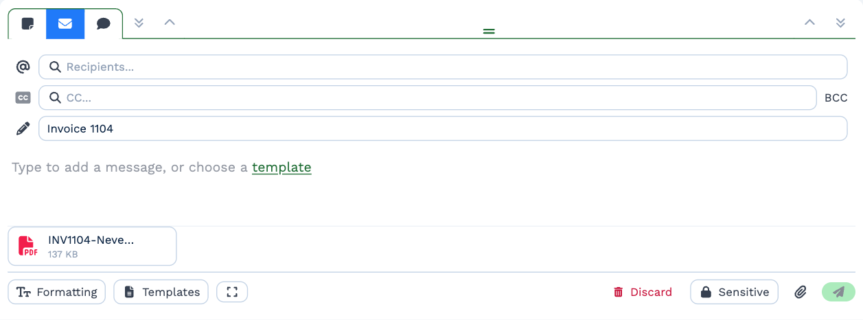The email composer with Recipients, CC, the subject Invoice 1104, a message box, and the INV1104 PDF attached