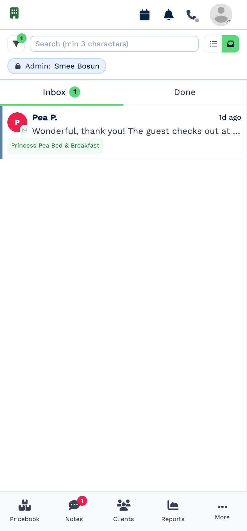The CRM on a phone: the top bar with Calendar, Notifications, Phone and your photo, the Inbox, and a bottom bar with Pricebook, Notes, Clients, Reports and More