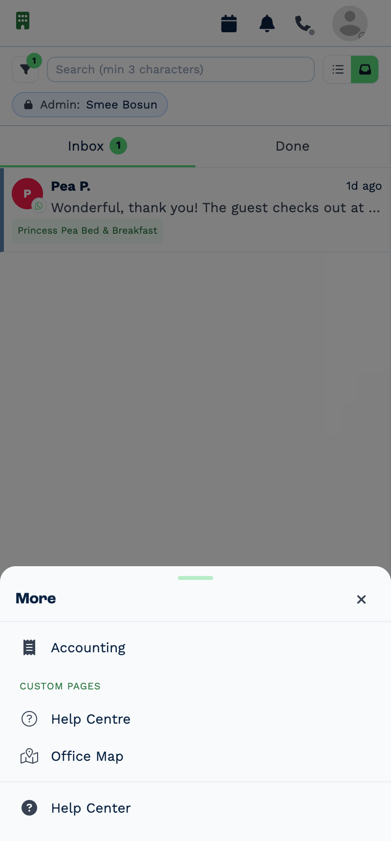The More sheet on a phone listing Accounting, the account's own pages Help Centre and Office Map, and Help Center
