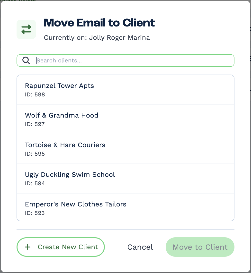 The Move Email to Client window, showing the email is currently on Jolly Roger Marina, with a search box, a list of clients with their IDs, and the Create New Client, Cancel and Move to Client buttons