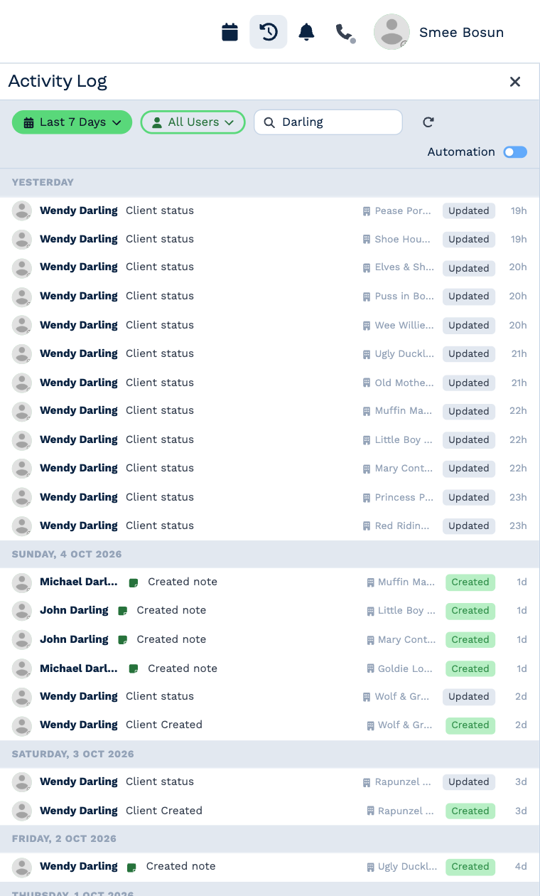 The Activity Log panel searched for Darling: Wendy Darling changing client statuses yesterday, and John and Michael Darling creating notes on earlier days, each with the client's name, a Created or Updated badge and how long ago