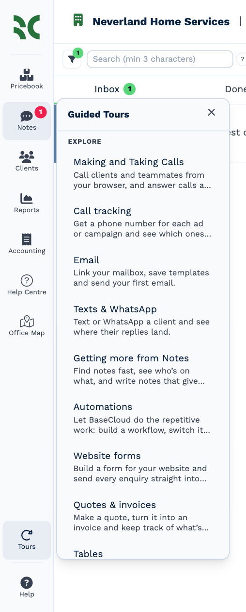 The Guided Tours menu open from the Tours button, listing tours such as Making and Taking Calls, Call tracking, Email, Texts & WhatsApp, Getting more from Notes, Automations, Website forms, Quotes & invoices and Tables