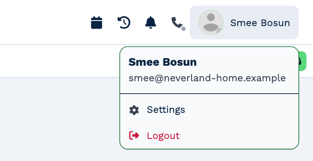 The menu under Smee Bosun's name: his name and email address, then Settings and Logout