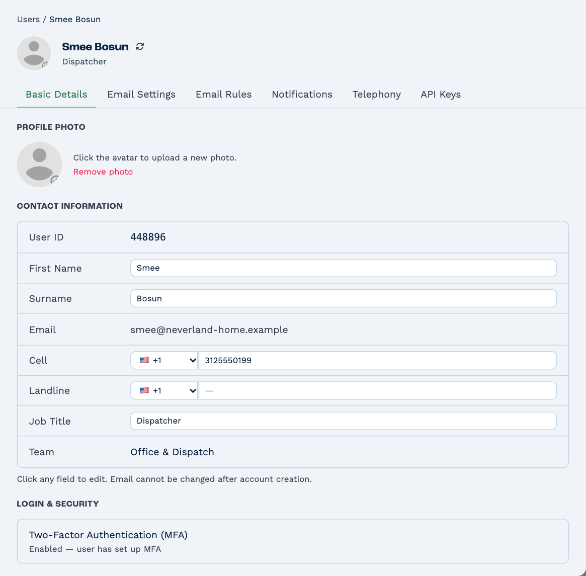 Smee Bosun's profile on the Basic Details tab: profile photo, then contact information — User ID, First Name, Surname, Email, Cell, Landline, Job Title and Team — and under Login & Security, Two-Factor Authentication (MFA) Enabled