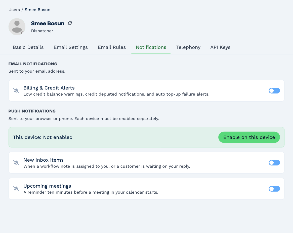 The Notifications tab: Email Notifications with Billing & Credit Alerts, then Push Notifications with This device: Not enabled and an Enable on this device button, New Inbox items and Upcoming meetings