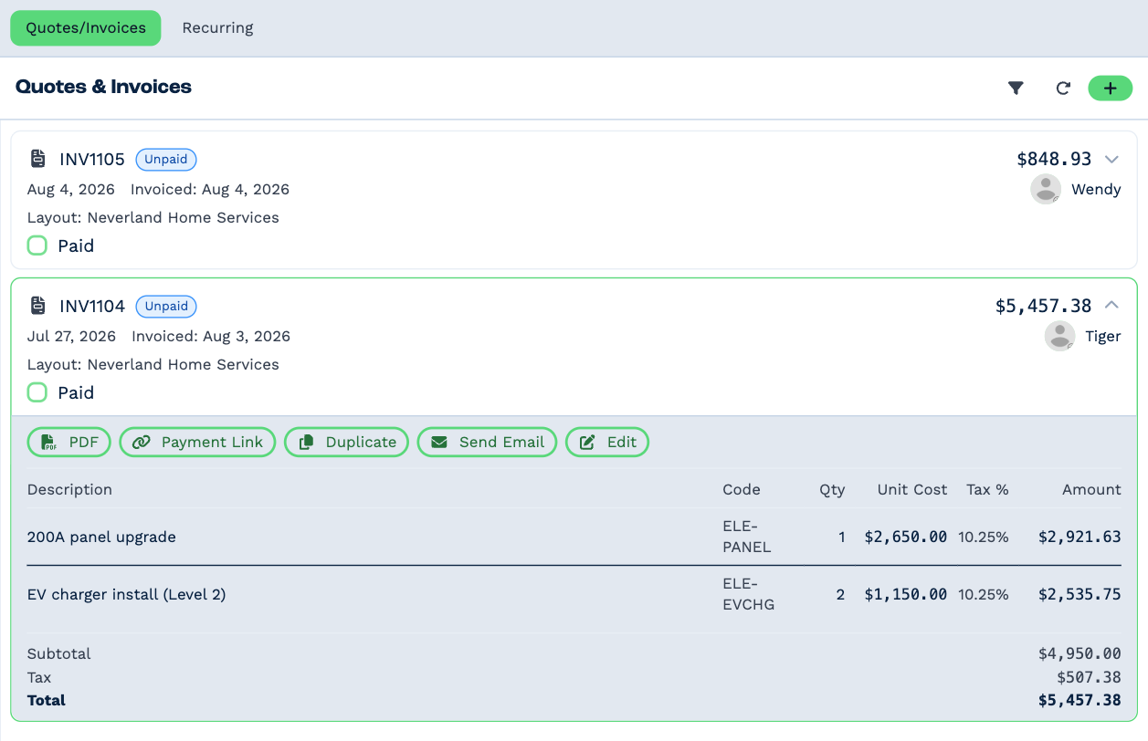 An invoice opened in the client's Accounting tab: PDF, Payment Link, Duplicate, Send Email and Edit buttons, then its lines with code, quantity, unit cost, tax and amount, and Subtotal, Tax and Total