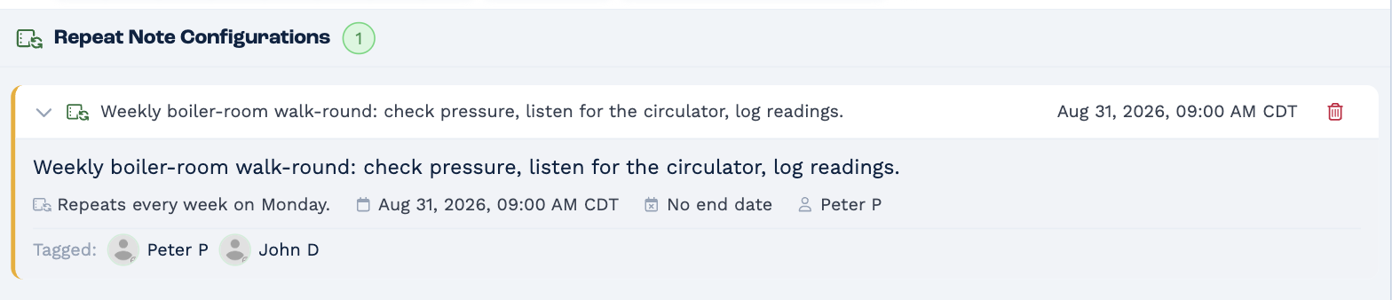 The Repeat Note Configurations panel for Golden Goose Investments, showing one weekly note about a boiler-room walk-round: Repeats every week on Monday, its start date and time, No end date, the creator Peter P, and Tagged: Peter P and John D, with a bin icon to delete it