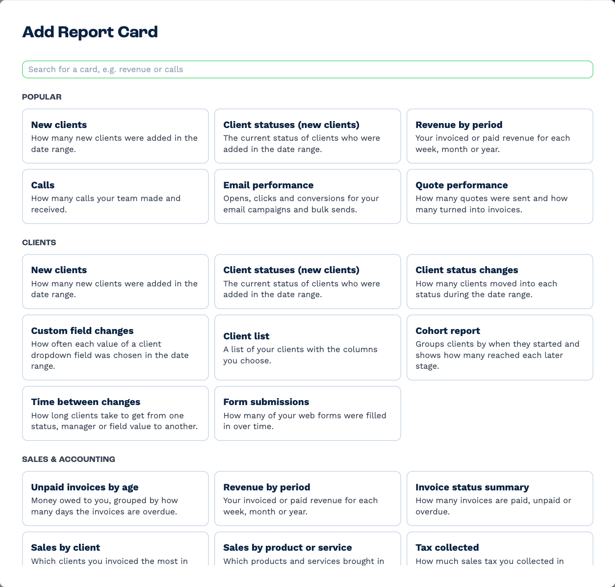 The Add Report Card box: a search field, then cards under Popular, Clients and Sales & Accounting, each with a one-line description