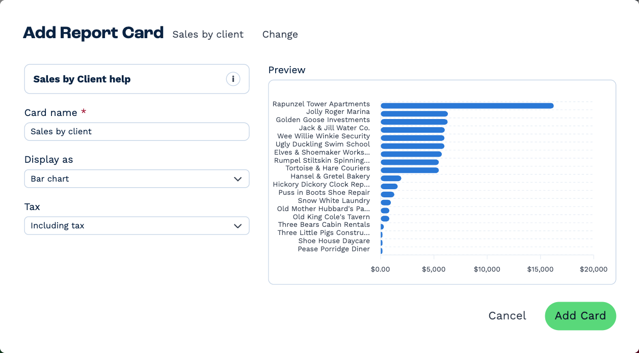 Setting up a Sales by client card: Card name, Display as set to Bar chart, Tax set to Including tax, and a Preview of the chart with a bar for each client
