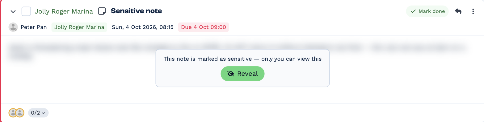 A sensitive note in the Inbox. Its heading reads "Sensitive note", and its text is blurred behind a box reading "This note is marked as sensitive — only you can view this", with a Reveal button