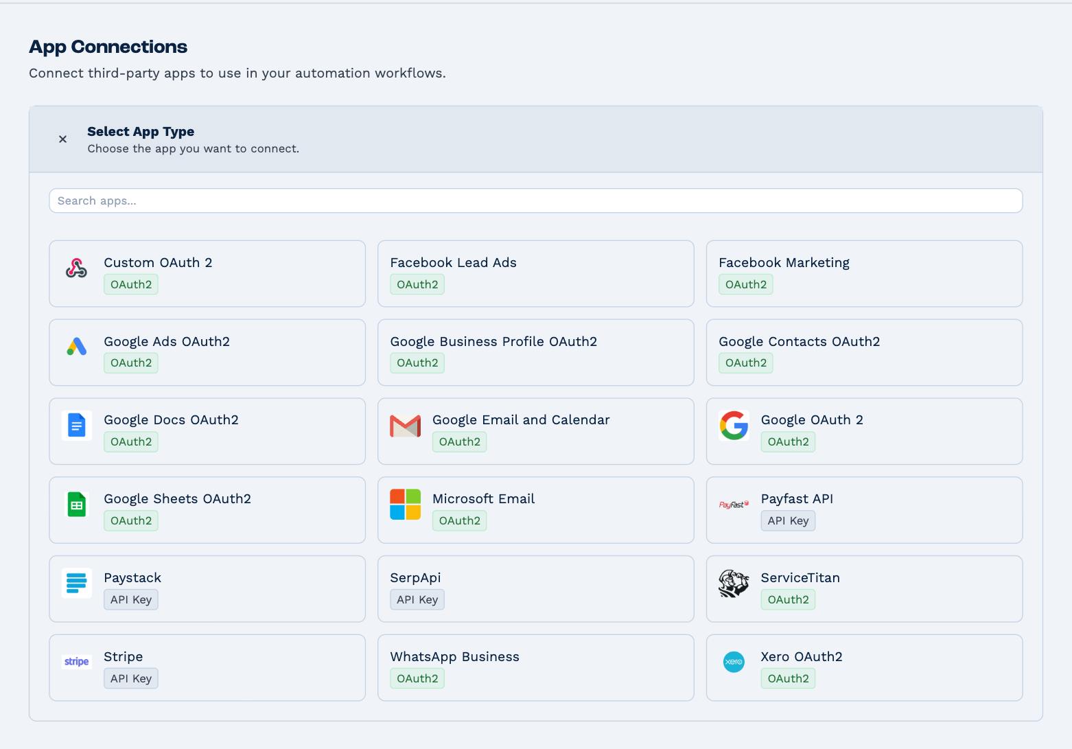 Settings → App Connections with Select App Type open: a search field and a card for each app that can be connected, including Facebook Lead Ads, Facebook Marketing, Google Ads, Google Docs, Google Sheets, Microsoft Email, Paystack, Stripe, WhatsApp Business and Xero, each marked OAuth2 or API Key