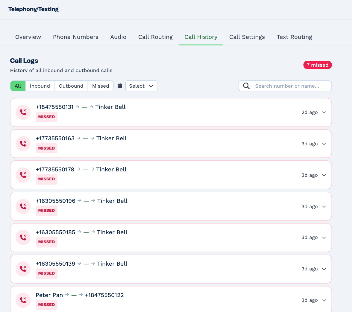 Call History: a list of calls, each showing who called, who it rang and whether it was missed, inbound or outbound, with filters for All, Inbound, Outbound and Missed, a date range and a search box
