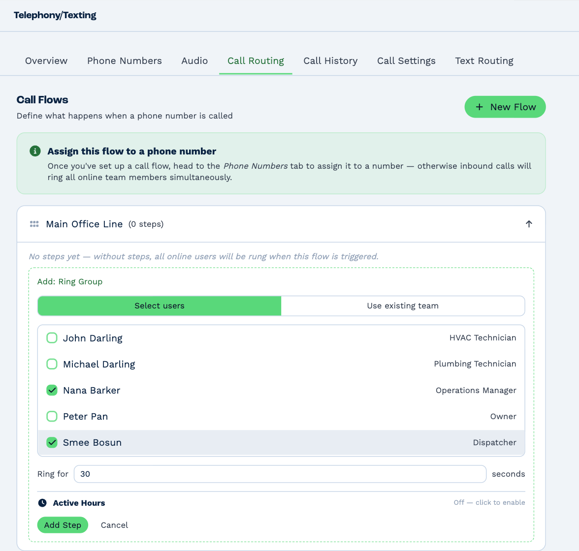 Adding a Ring Group step: Select users or Use existing team, a list of users to tick, how long to ring for, and Active Hours