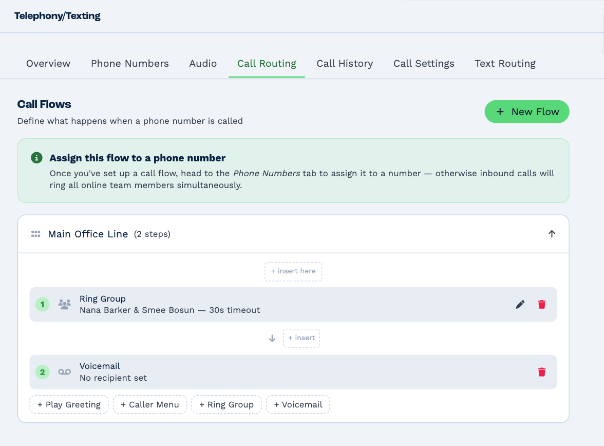 Call Routing: the call flow Main Office Line with two steps, a Ring Group of two people with a 30 second timeout and then Voicemail, and buttons to add a Play Greeting, Caller Menu, Ring Group or Voicemail step