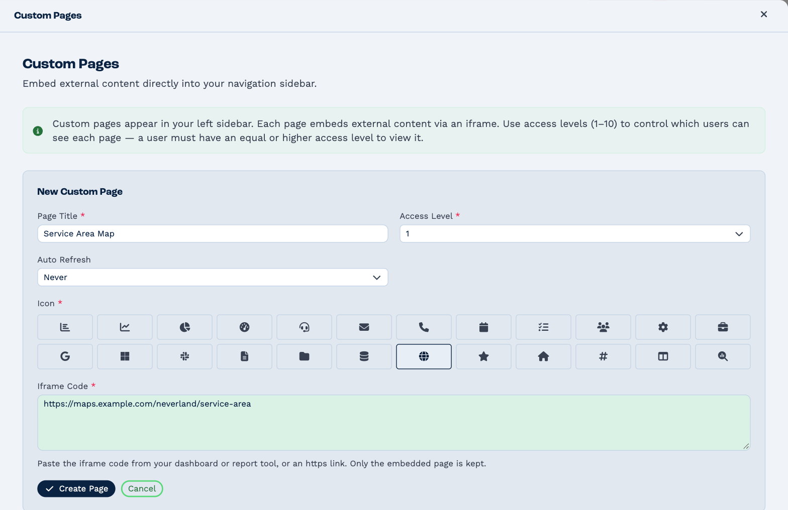 The New Custom Page form: Page Title, Access Level, Auto Refresh, a grid of icons to choose from, and the Iframe Code box holding an https link