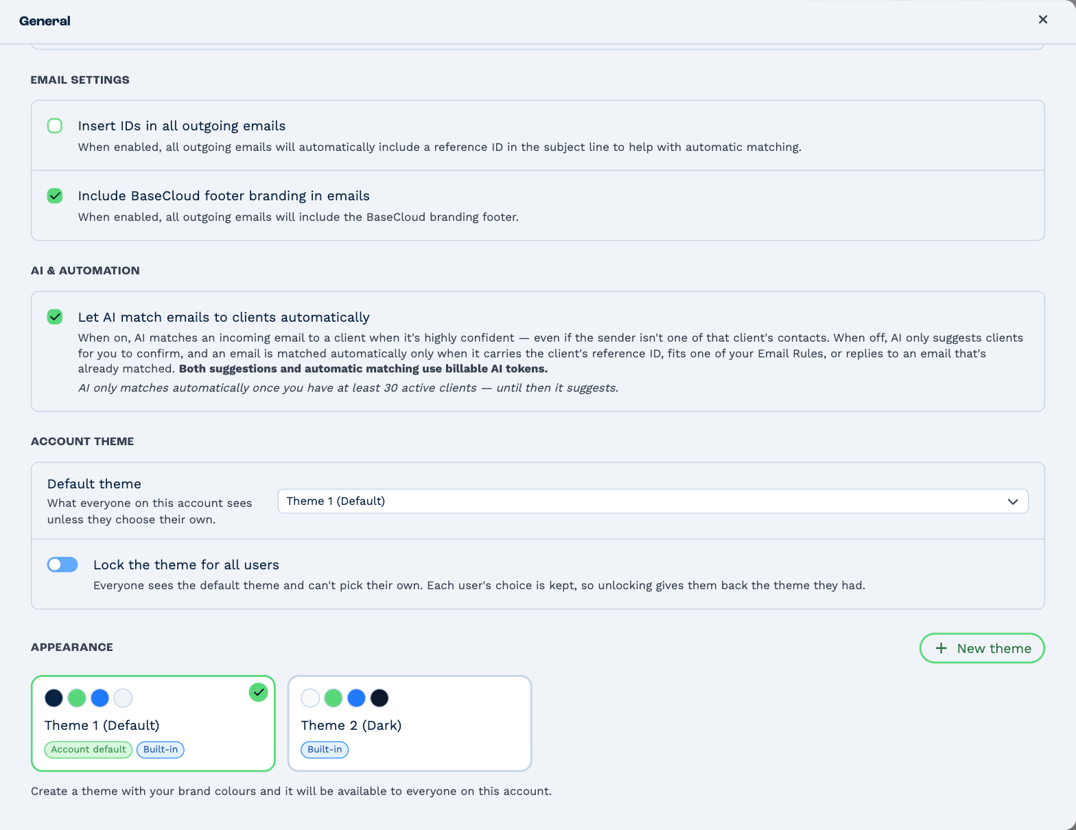 The rest of General: Email Settings, AI & Automation, the Account Theme with its default theme and lock, and Appearance with two built-in themes and a New theme button