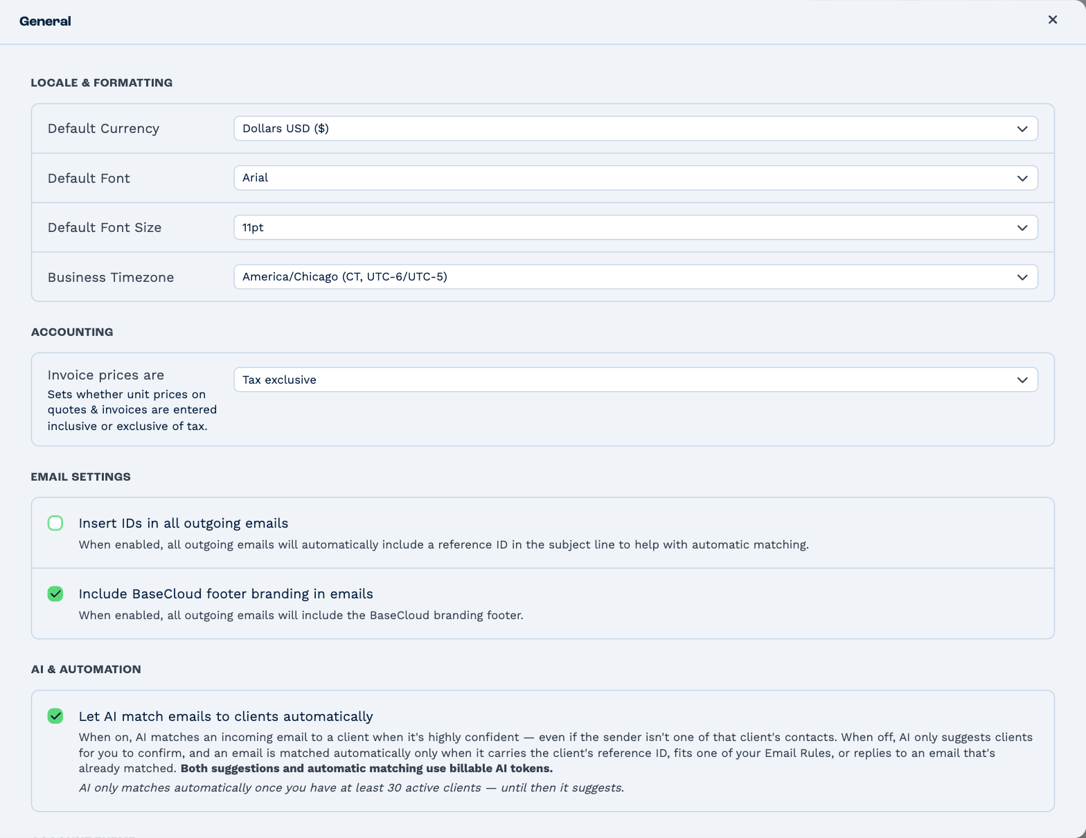 Settings, General: Locale & Formatting with the default currency, font, font size and business timezone; Accounting with whether invoice prices include tax; Email Settings; and AI & Automation