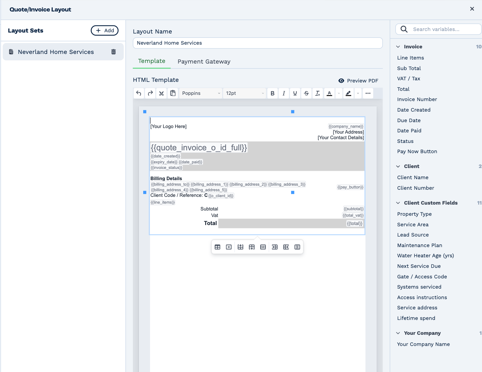 Editing the Neverland Home Services layout set: Layout Name, the Template tab with the HTML template in an editor and a Preview PDF button, and the list of variables — Invoice, Client, Client Custom Fields and Your Company — down the right