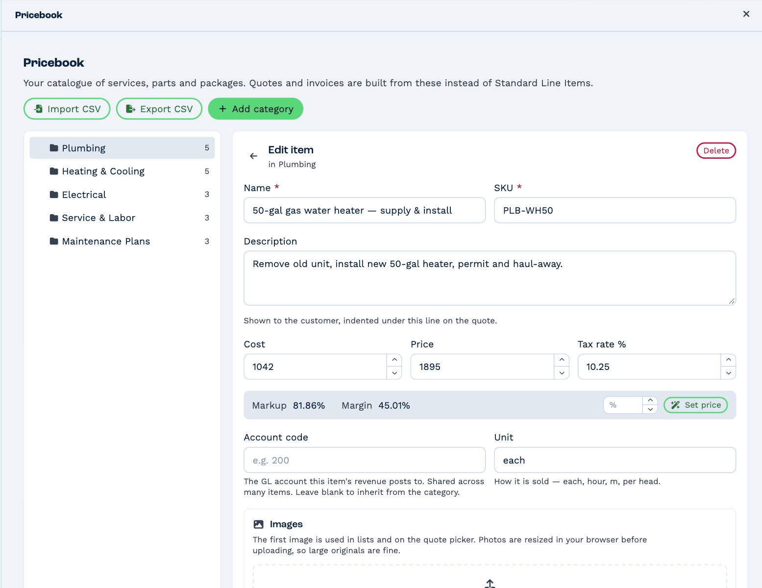 Editing the 50-gal gas water heater: Name, SKU, Description, Cost 1042, Price 1895, Tax rate 10.25, Markup 81.86% and Margin 45.01% with a Set price button, Account code and Unit, then Images