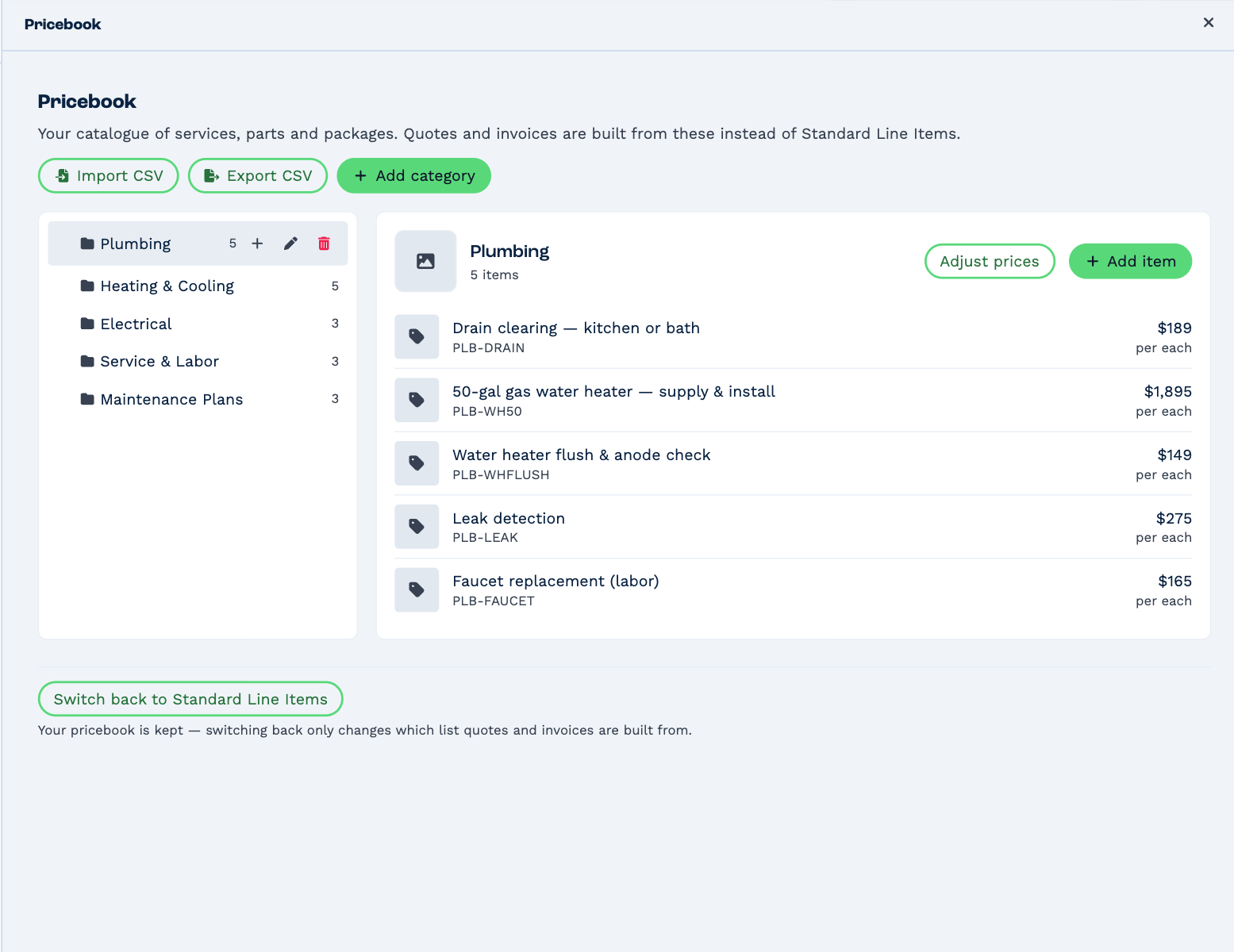 Settings → Pricebook: Import CSV, Export CSV and Add category; the categories Plumbing, Heating & Cooling, Electrical, Service & Labor and Maintenance Plans; and the five Plumbing items with their SKUs and prices, such as 50-gal gas water heater — supply & install, PLB-WH50, $1,895 per each