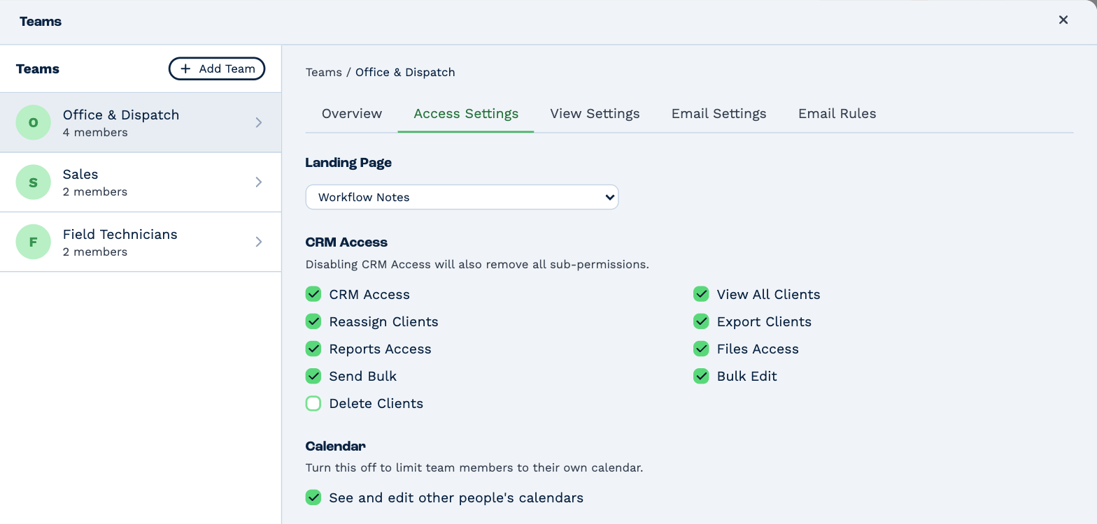 A team's Access Settings: the Landing Page, then CRM Access with its rights, and the Calendar right