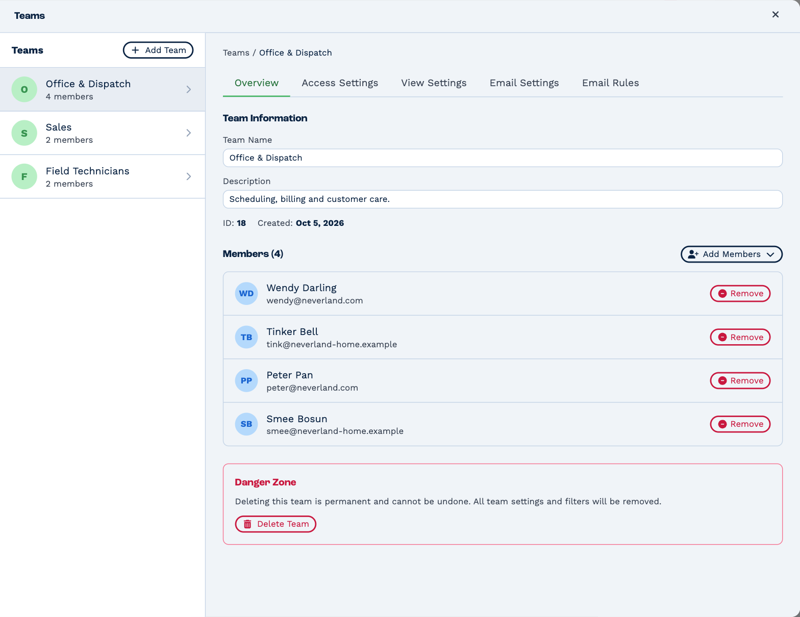 Settings, Teams: three teams in the list, and Office & Dispatch open on Overview with its name, description and four members, each with a Remove button, and a Danger Zone with Delete Team