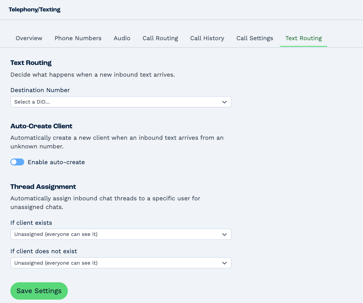 Text Routing: the Destination Number, Auto-Create Client with Enable auto-create, and Thread Assignment with If client exists and If client does not exist, and Save Settings
