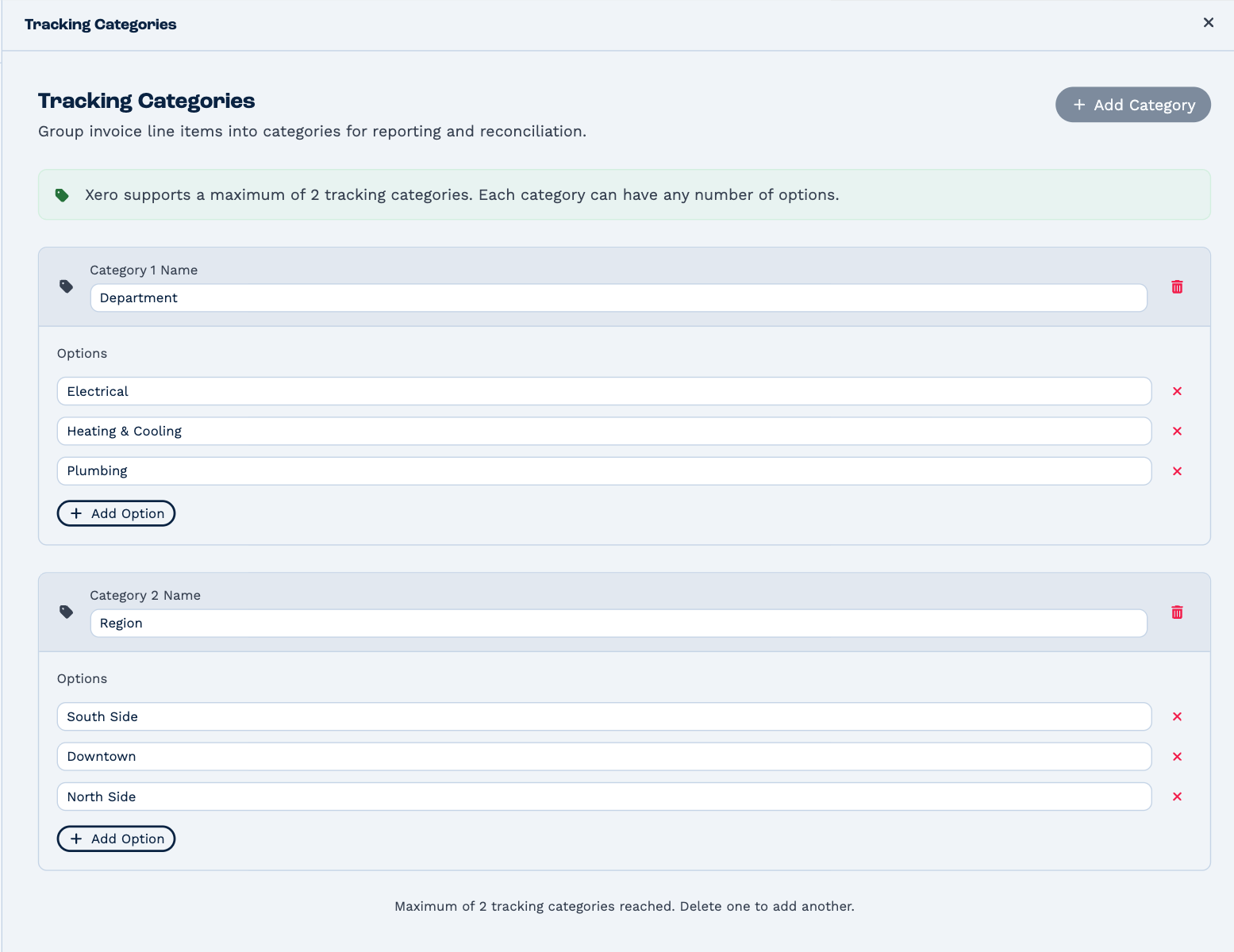 Settings → Tracking Categories: Department with the options Electrical, Heating & Cooling and Plumbing, and Region with South Side, Downtown and North Side, each with Add Option; a note that the maximum of 2 tracking categories is reached