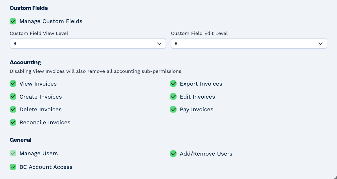 The rest of the Access tab: Custom Fields with Manage Custom Fields and the view and edit levels, Accounting with the seven invoice rights, and General with Manage Users, Add/Remove Users and BC Account Access