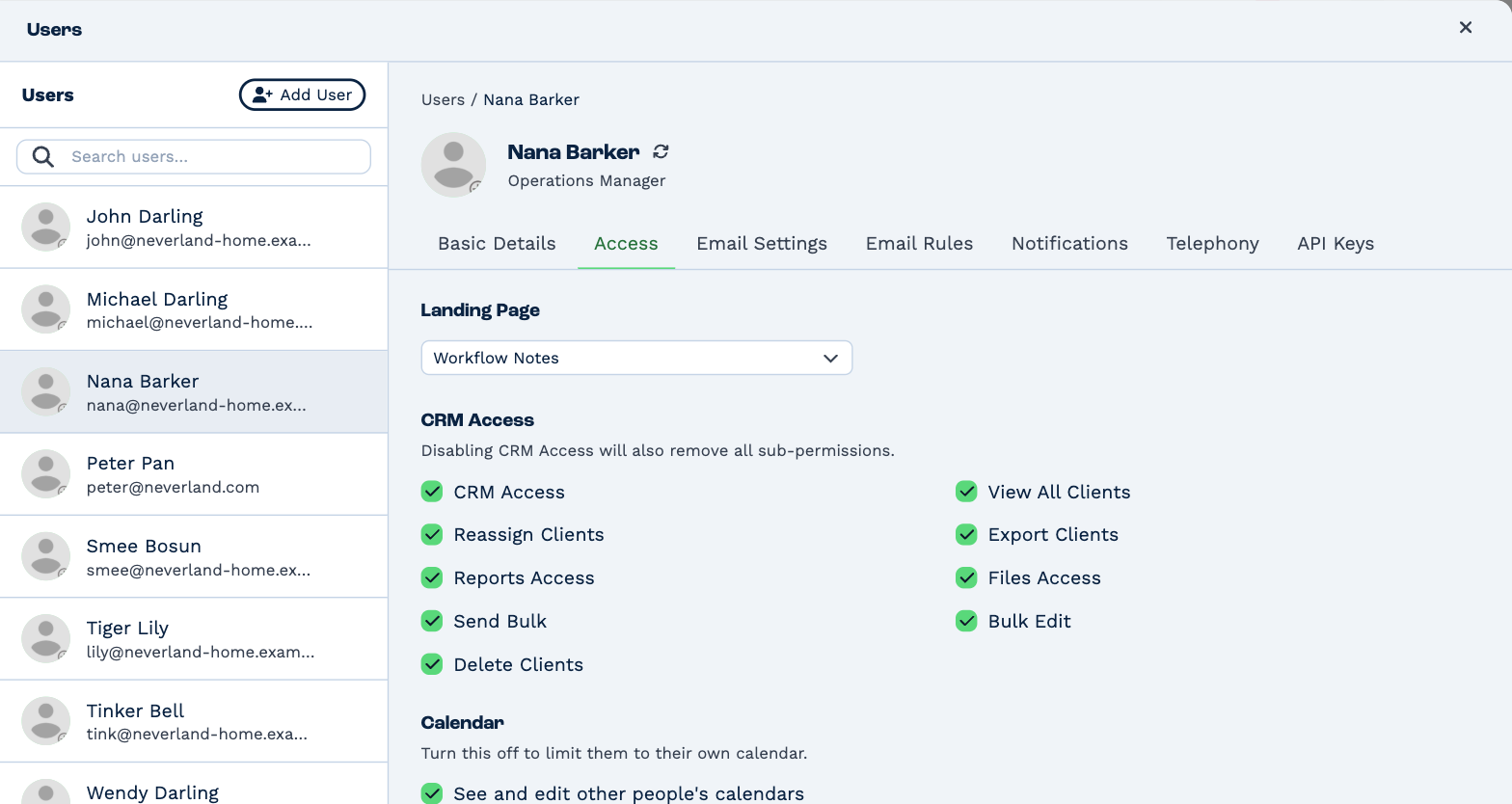 The Access tab: the Landing Page, then CRM Access with View All Clients, Reassign Clients, Export Clients, Reports Access, Files Access, Send Bulk, Bulk Edit and Delete Clients, and the Calendar right