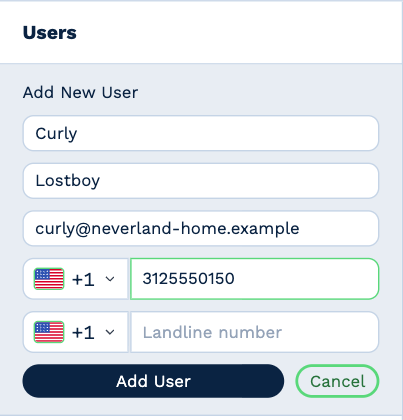 The Add New User form: first name, surname, email address, cell number and landline number, with Add User and Cancel