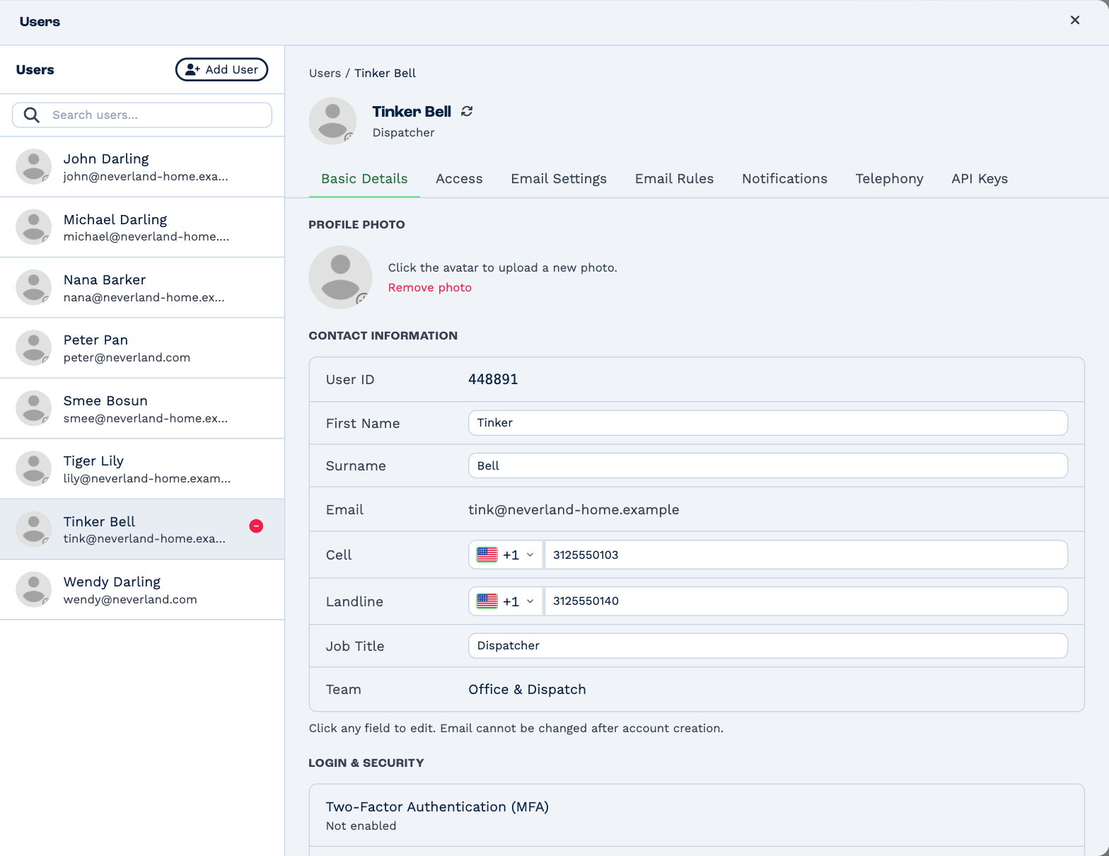 Settings, Users: the list of users with Add User, and Tinker Bell open on Basic Details with her User ID, name, email address, cell and landline numbers, job title and team, and her two-factor authentication and Login Link