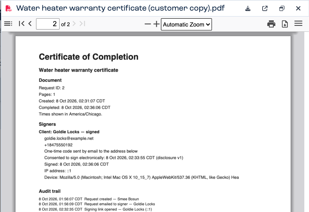 A Certificate of Completion at the back of a signed PDF: the document, when it was created and completed, the signer with her email address, how her code was sent, when she consented and signed, and the start of the audit trail