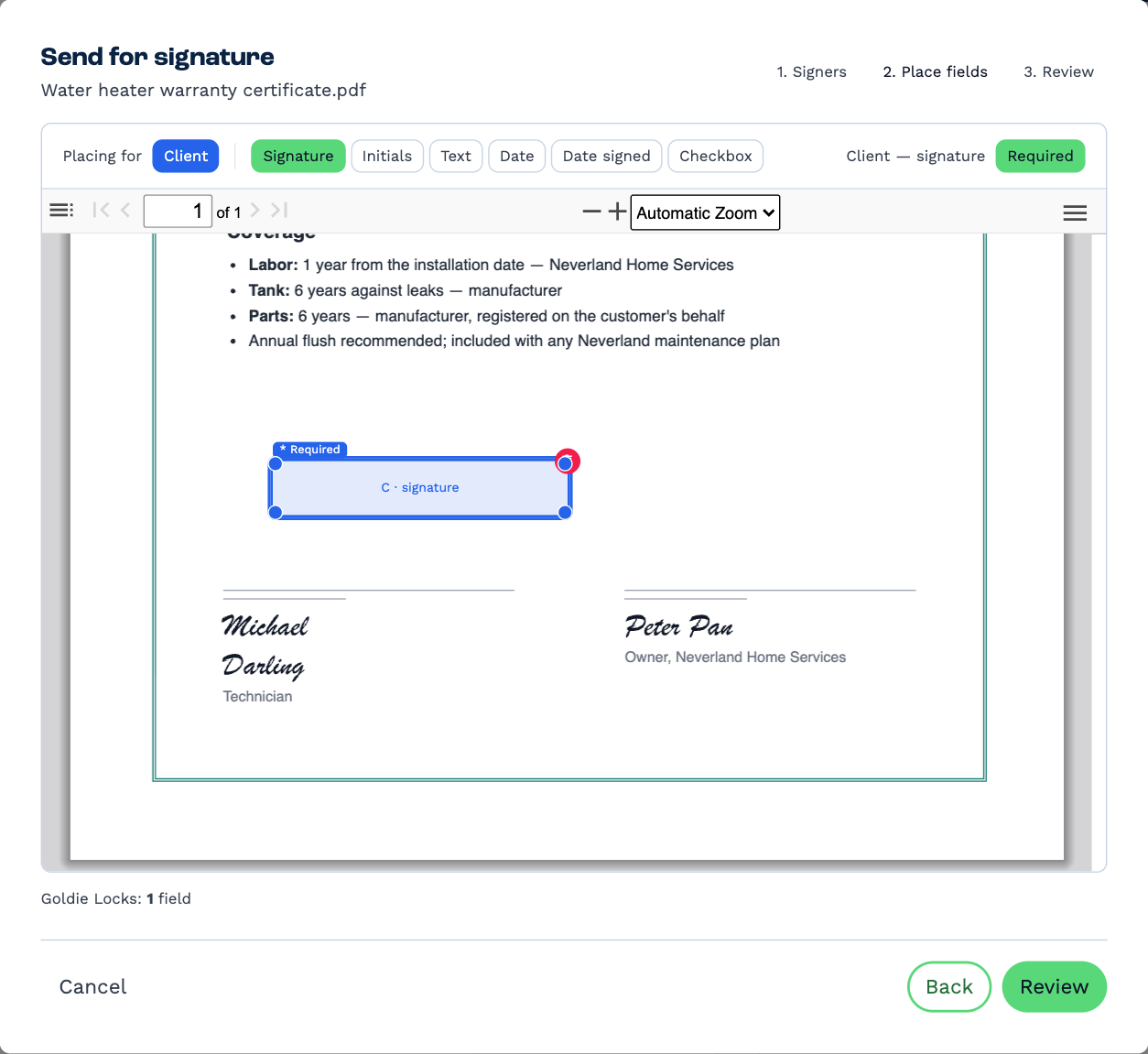 Step 2, Place fields: Placing for Client, the field types Signature, Initials, Text, Date, Date signed and Checkbox, and the document with a required signature box placed above the signature lines