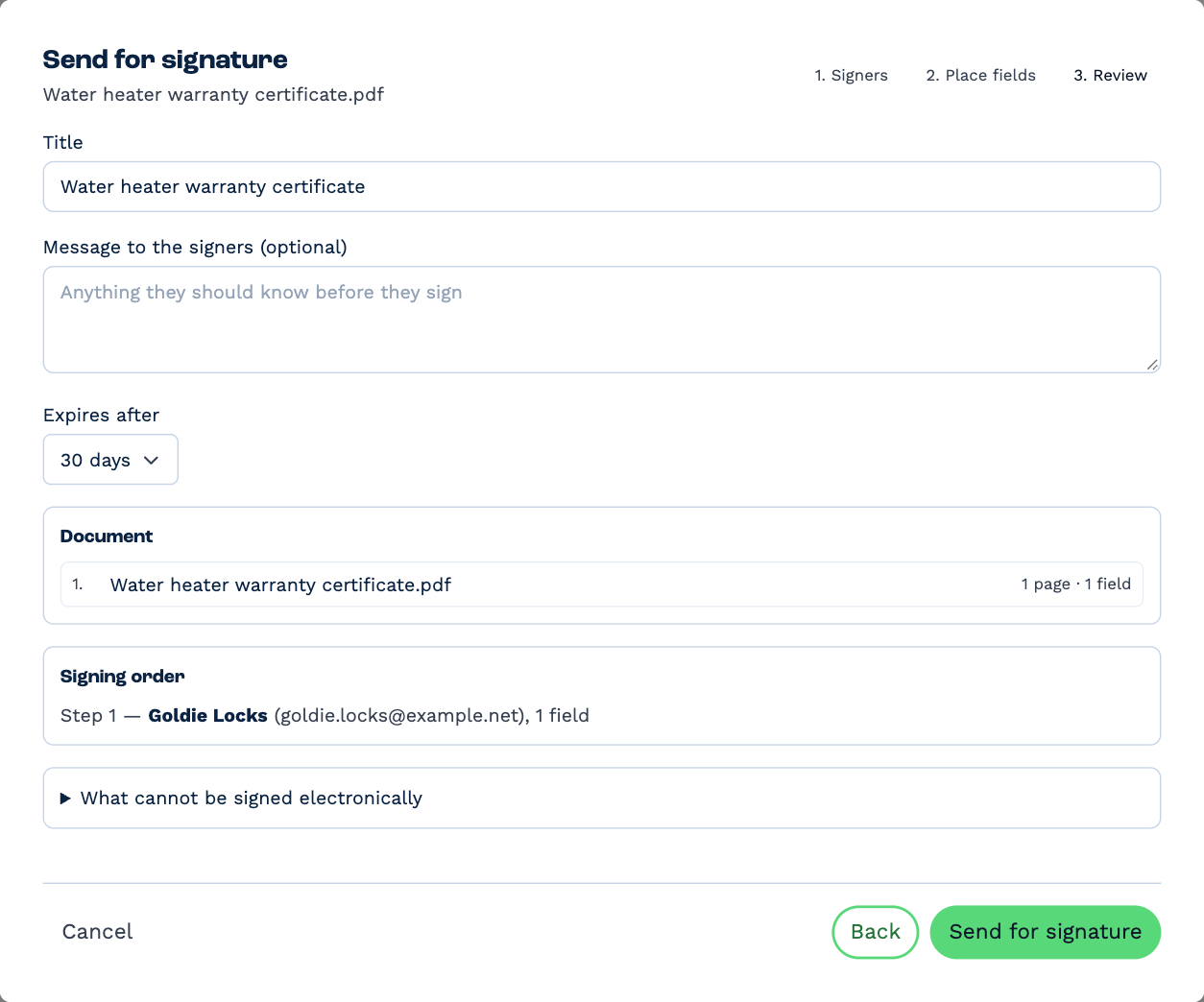 Step 3, Review: the Title, an optional Message to the signers, Expires after 30 days, the document with its page and field counts, the Signing order, and Send for signature