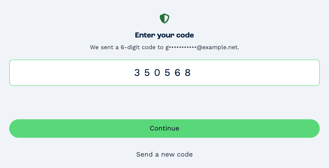 The signer's page asking for the 6-digit code sent to their email address, with Continue and Send a new code