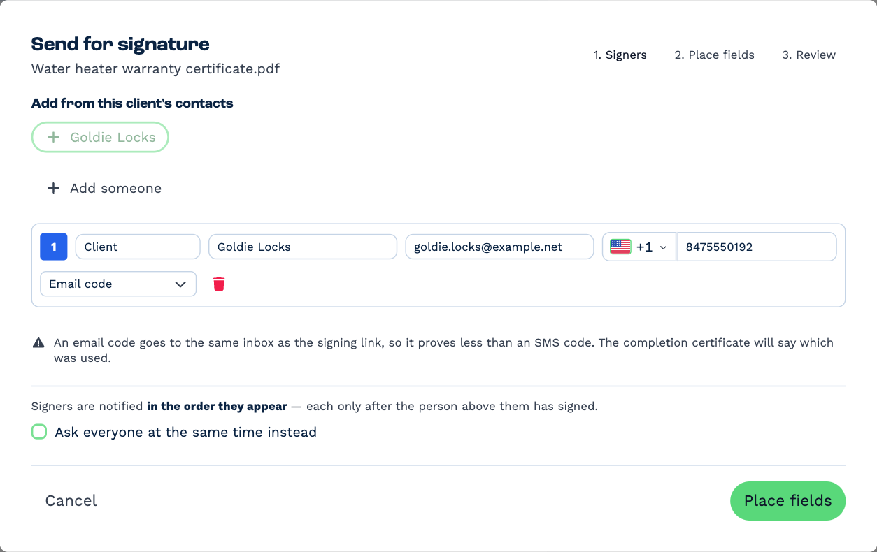 Step 1, Signers: Goldie Locks added from the client's contacts, with her role, name, email address and cell number, Email code chosen for verification, and the option Ask everyone at the same time instead