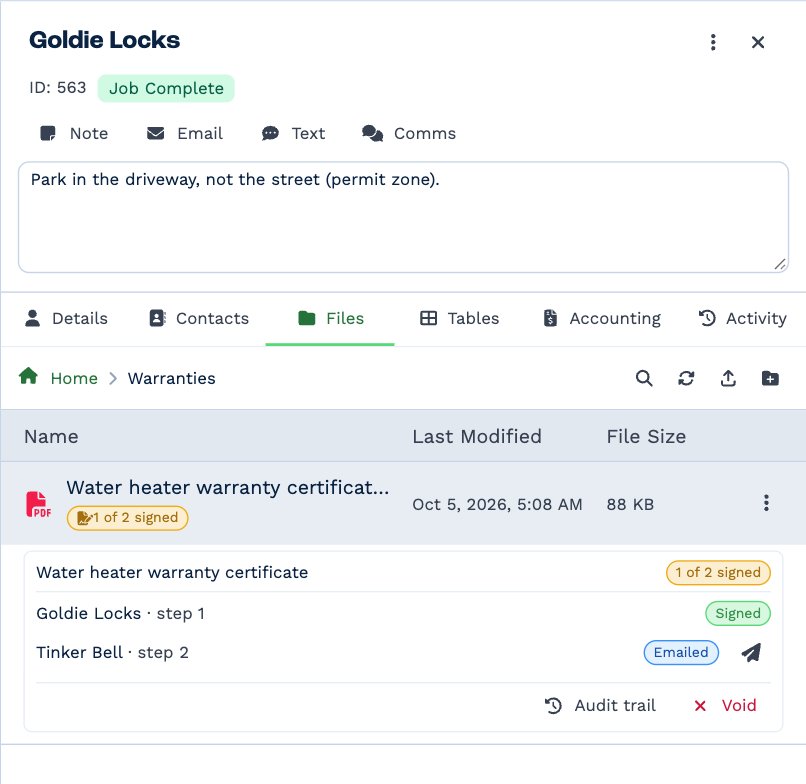 A PDF with the badge 1 of 2 signed, opened to show Goldie Locks, step 1, Signed, and Tinker Bell, step 2, Emailed, with a resend button, and Audit trail and Void underneath