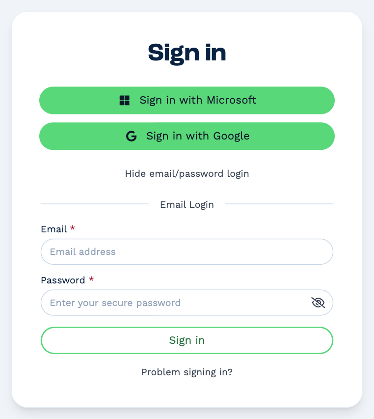 The Sign in card with the email form open: Email and Password fields, a Sign in button and a Problem signing in? link