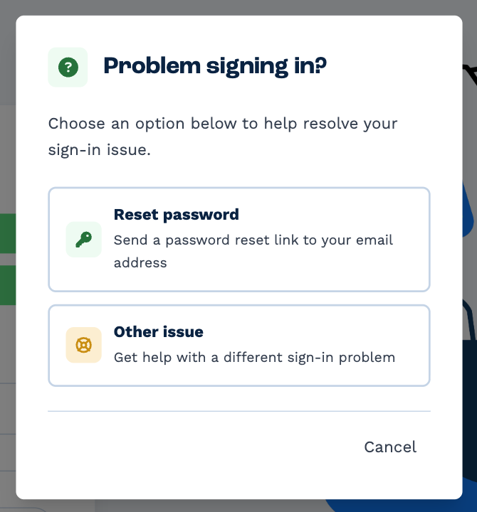 The Problem signing in? window with two options, Reset password and Other issue, and a Cancel button