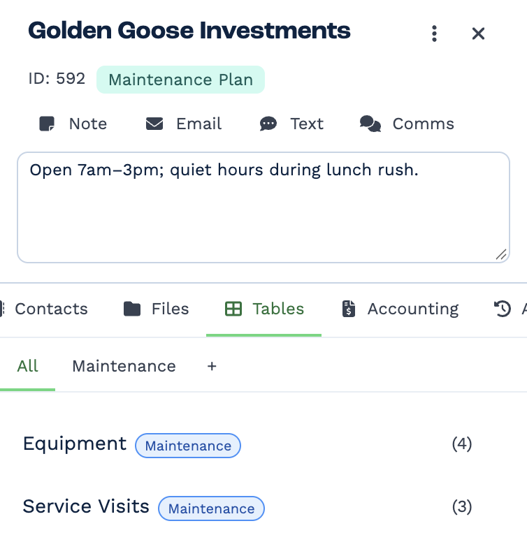 The Tables tab of Golden Goose Investments, with the group tabs All, Maintenance and +, and two tables: Equipment with a Maintenance label and (4), and Service Visits with a Maintenance label and (3)