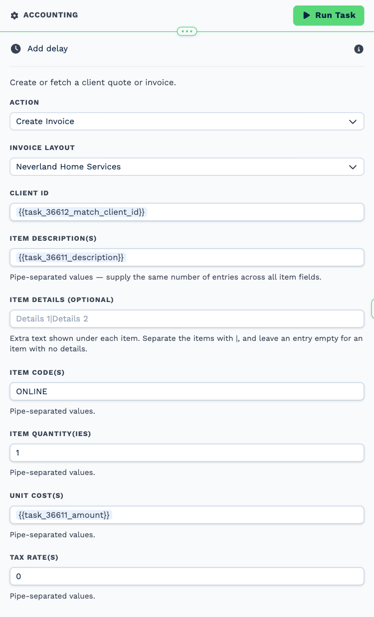 The Accounting task opened to its settings: Action set to Create Invoice, an Invoice Layout, the Client ID, and one line item with a description, code, quantity, unit cost and tax rate