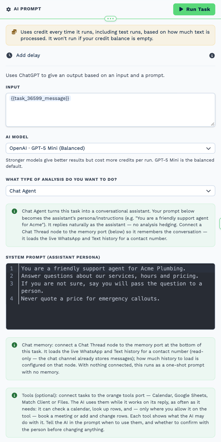 The AI Prompt task opened to its settings: the credit notice, Input holding the incoming message variable, AI Model set to OpenAI GPT-5 Mini (Balanced), the analysis type set to Chat Agent, the System Prompt holding the support persona, and the notes on the memory port and the tools port